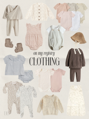 Baby girl registry clothing essentials including newborn bodysuits, footed sleepers, knit sets, rompers, sweaters, booties, sun hat and sleep sack.
