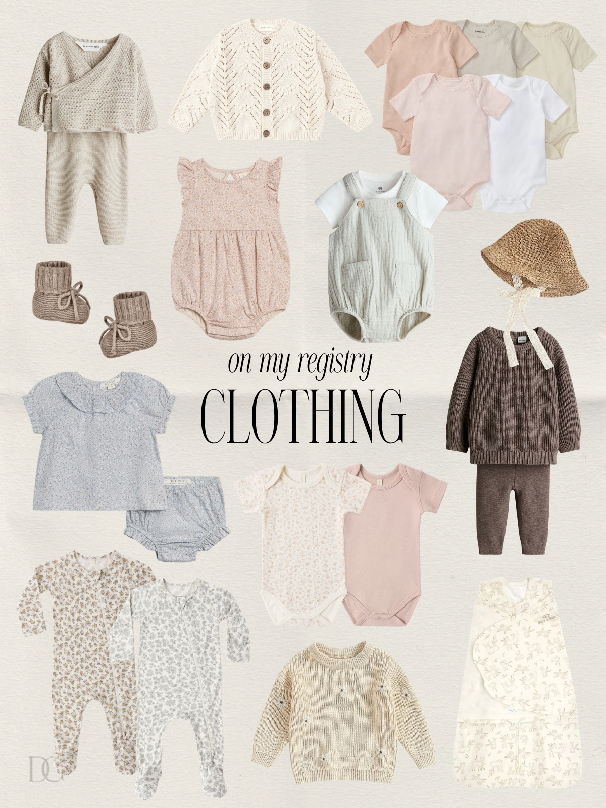 Baby girl registry clothing essentials including newborn bodysuits, footed sleepers, knit sets, rompers, sweaters, booties, sun hat and sleep sack.
