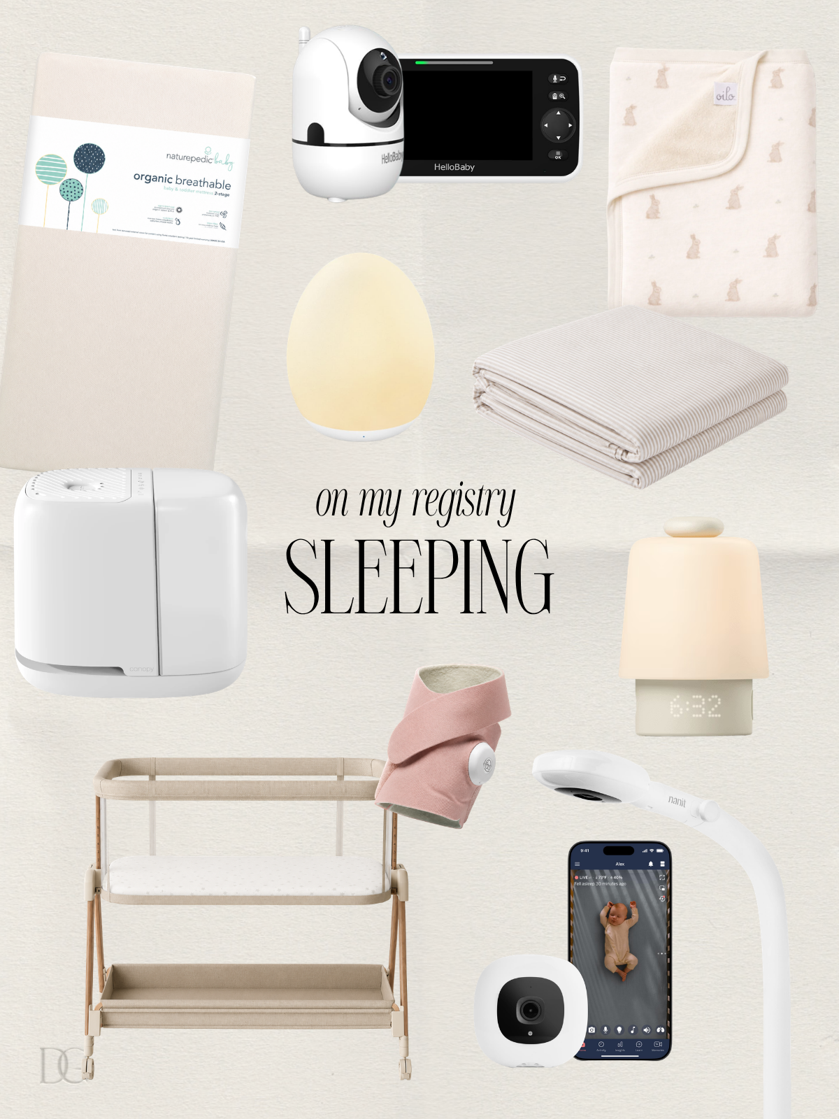 Baby registry sleep essentials including a crib mattress, baby monitor, bassinet, sound machines, humidifier, swaddles and an Owlet Dream Sock.