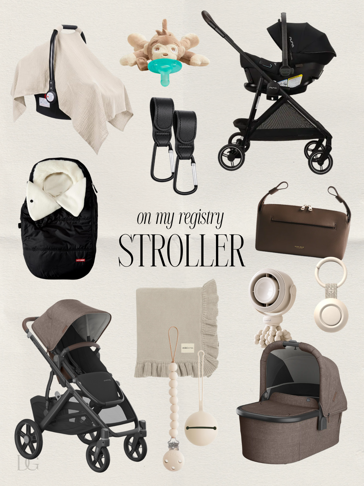 Baby registry stroller essentials including an Uppababy stroller and bassinet, Nuna infant car seat, stroller organizer, car seat cover and stroller accessories.