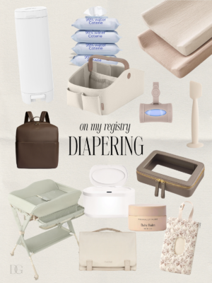 Baby registry diapering essentials including a diaper pail, wipes, changing pads, diaper caddy, portable changing mat, wipe warmer and diaper bag.