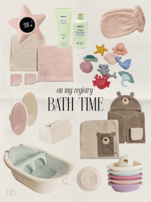 Baby registry bath-time essentials including an infant bathtub, hooded towels, washcloths, baby shampoo, lotion, bath toys, rinsing cup and bath thermometer.