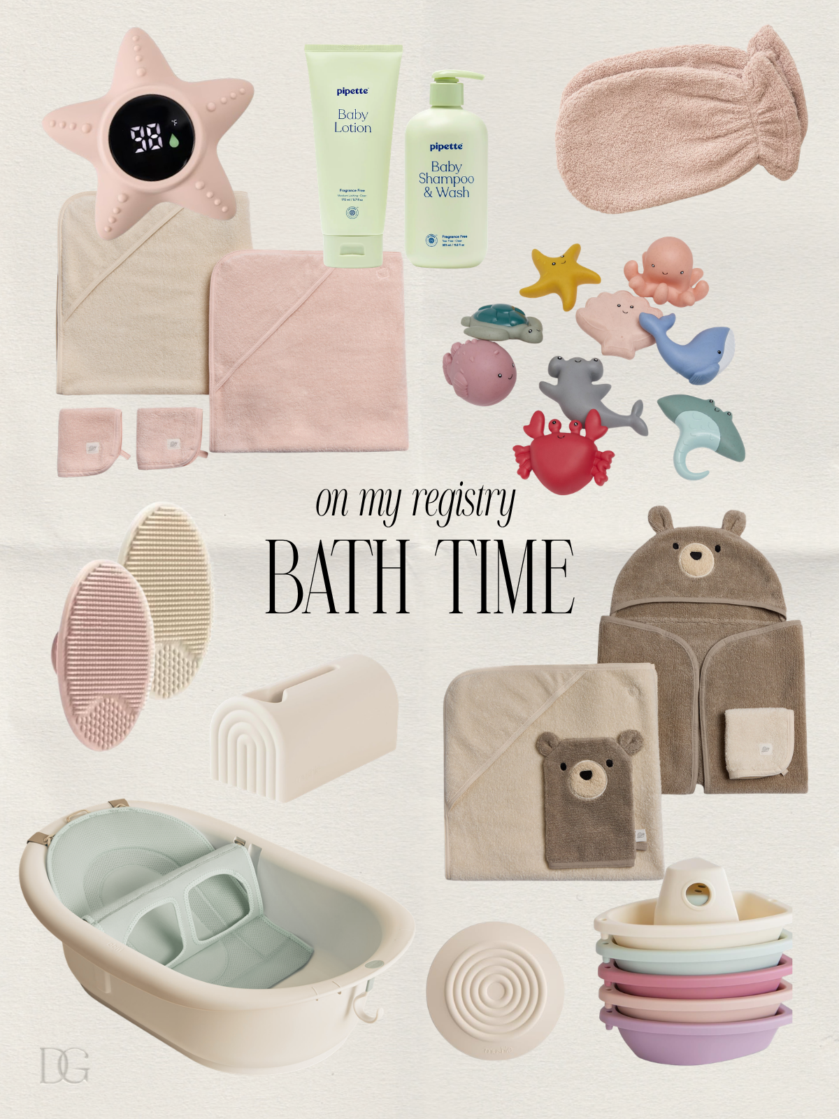 Baby registry bath-time essentials including an infant bathtub, hooded towels, washcloths, baby shampoo, lotion, bath toys, rinsing cup and bath thermometer.