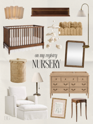 Neutral baby girl nursery essentials including a dark wood crib, dresser, glider, lighting, mirror, wall shelf, mobile, baskets and nursery decor.