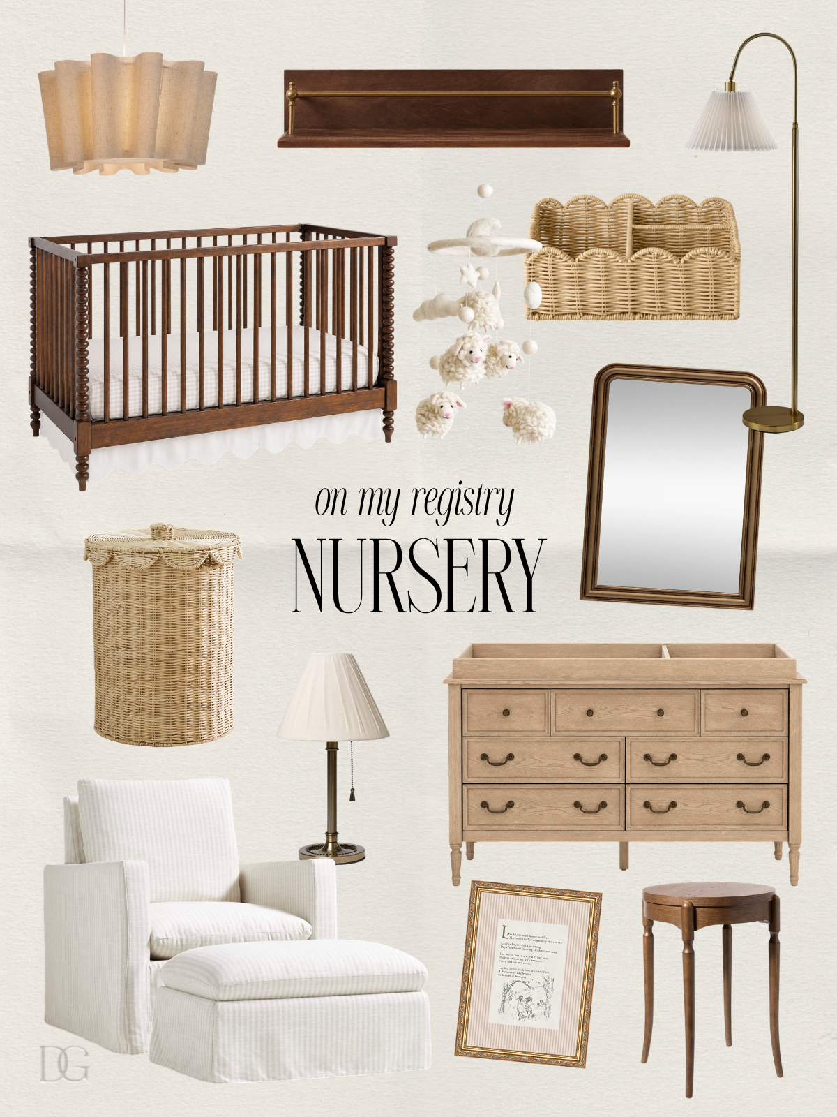 Neutral baby girl nursery essentials including a dark wood crib, dresser, glider, lighting, mirror, wall shelf, mobile, baskets and nursery decor.