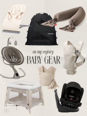 Baby registry gear essentials including a baby bouncer, swing, carrier, wrap, playard, convertible car seat, nursing pillow and SlumberPod.