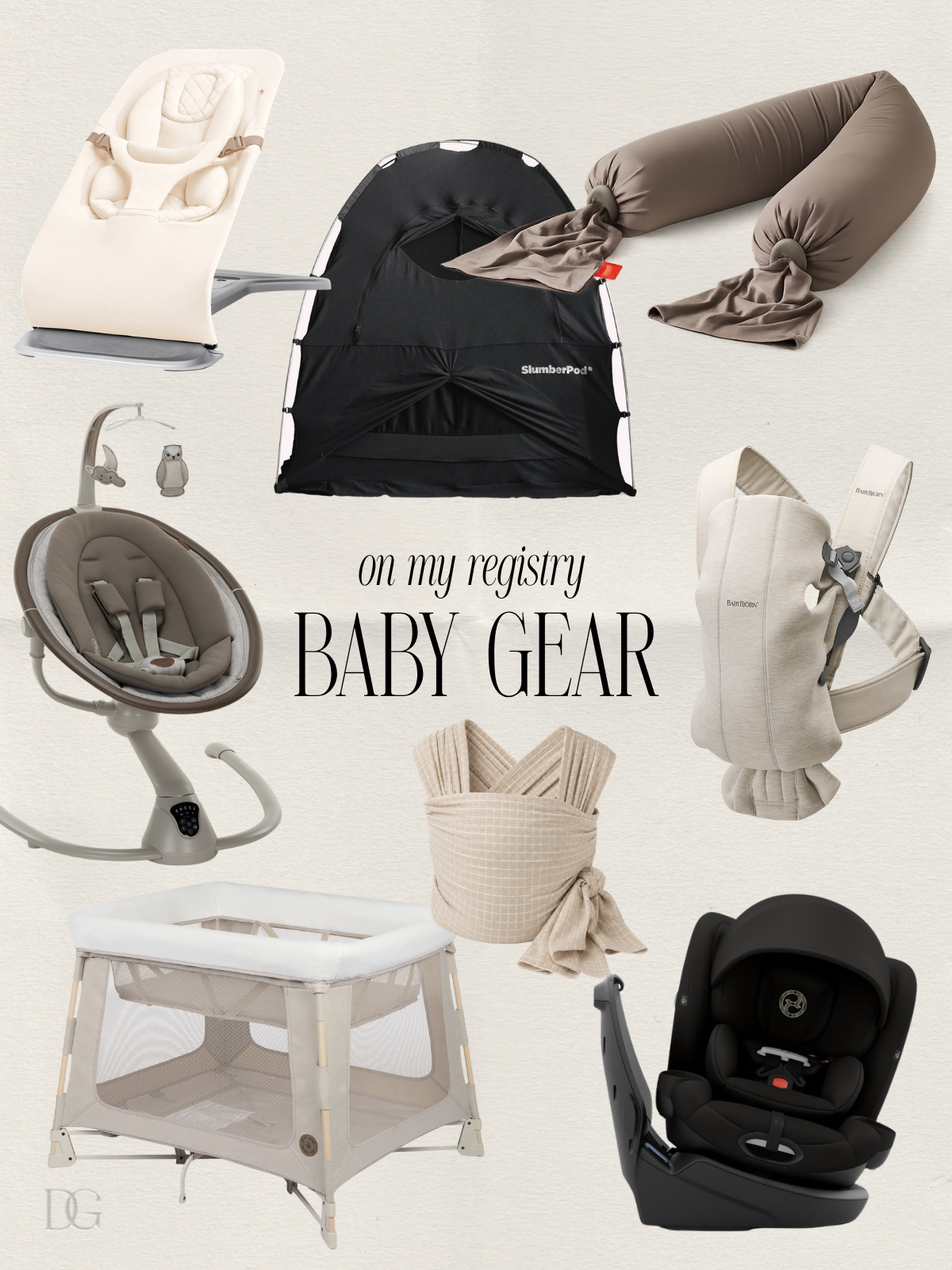Baby registry gear essentials including a baby bouncer, swing, carrier, wrap, playard, convertible car seat, nursing pillow and SlumberPod.